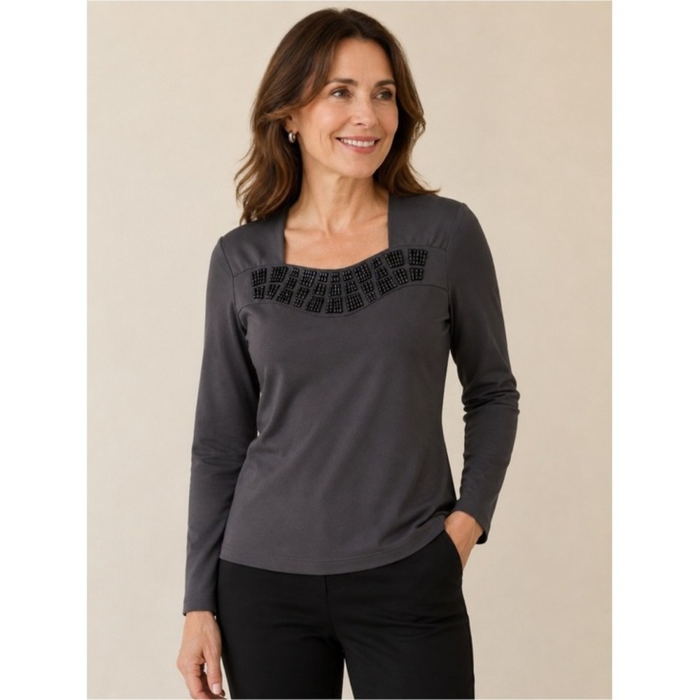 BOB MACKIE. Wearable Art. Black beaded‎ gray top. Square neckline. Size S.